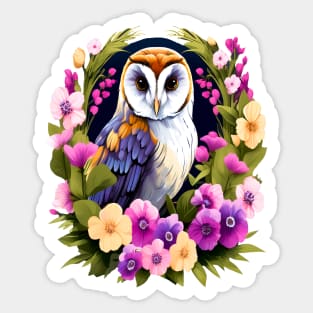 Cute European Barn Owl Surrounded by Bold Vibrant Spring Flowers Sticker